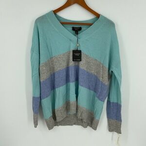 Charter Club Luxury 100% Cashmere Striped V Neck Sweater Aqua Blue Grey Size M